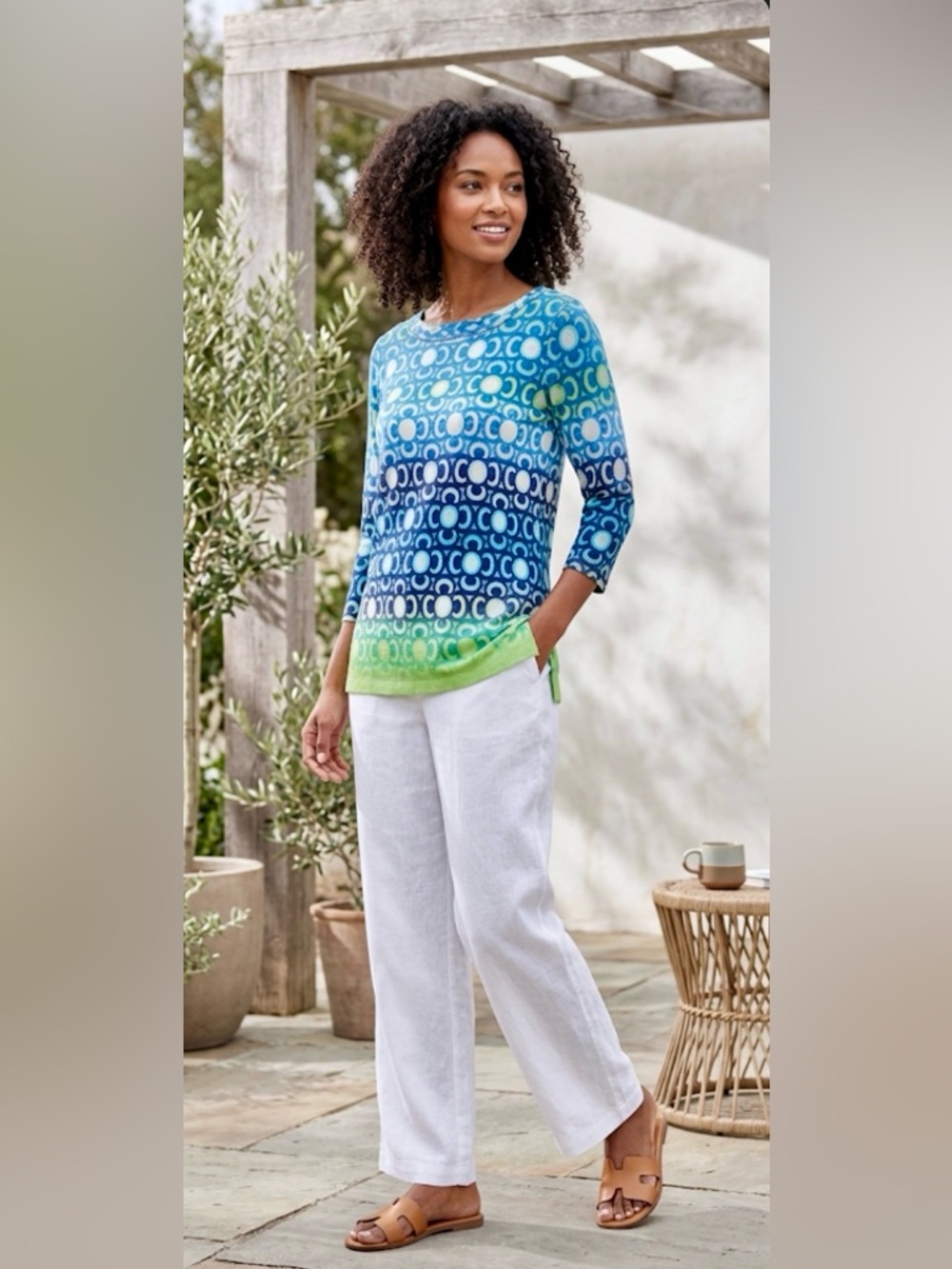Liz Claiborne Ombre Geometric Print Tunic Top XL Blue Green Lightweight